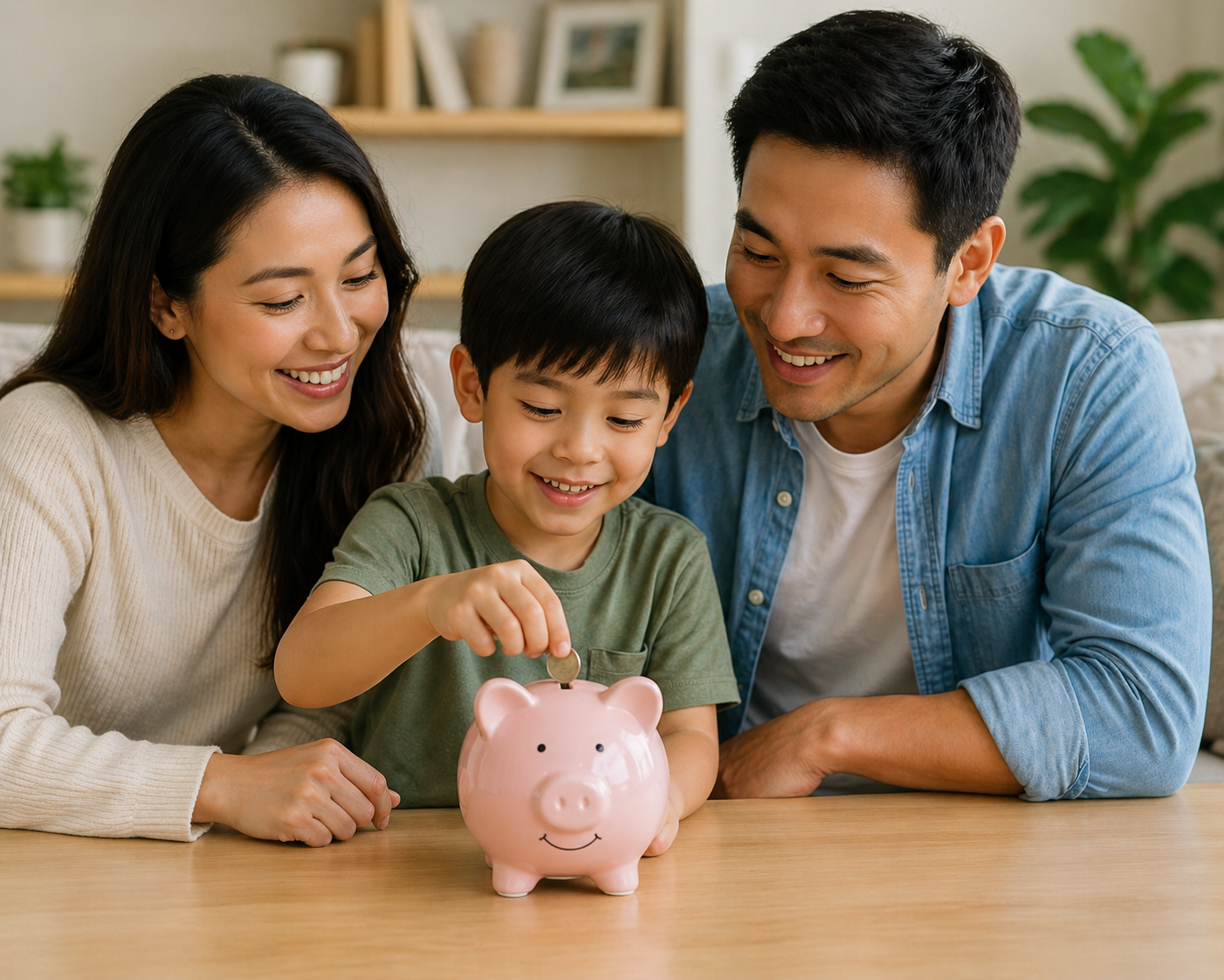 Filipino parents with a child putting a coin into a piggy bank