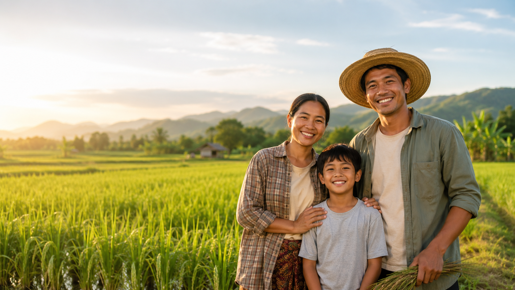 Filipino farmer family in a rice field