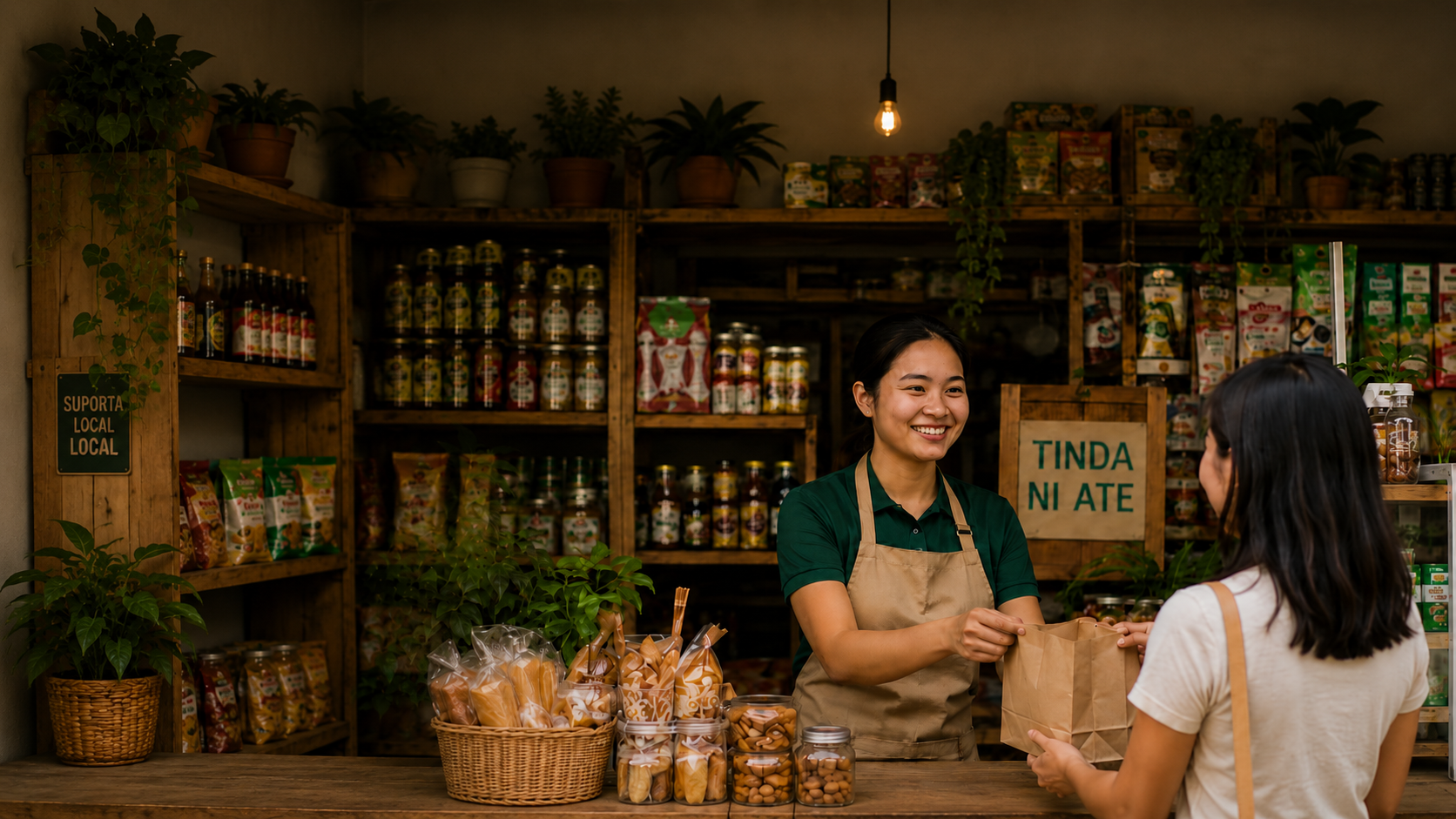 Filipino small business owner assisting a customer in a neighborhood retail shop