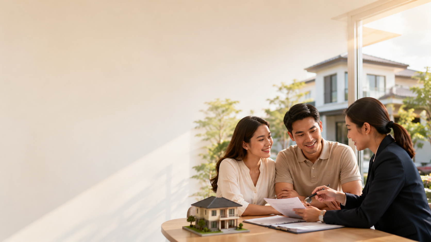 Family reviewing home financing plans with a bank representative in front of a house