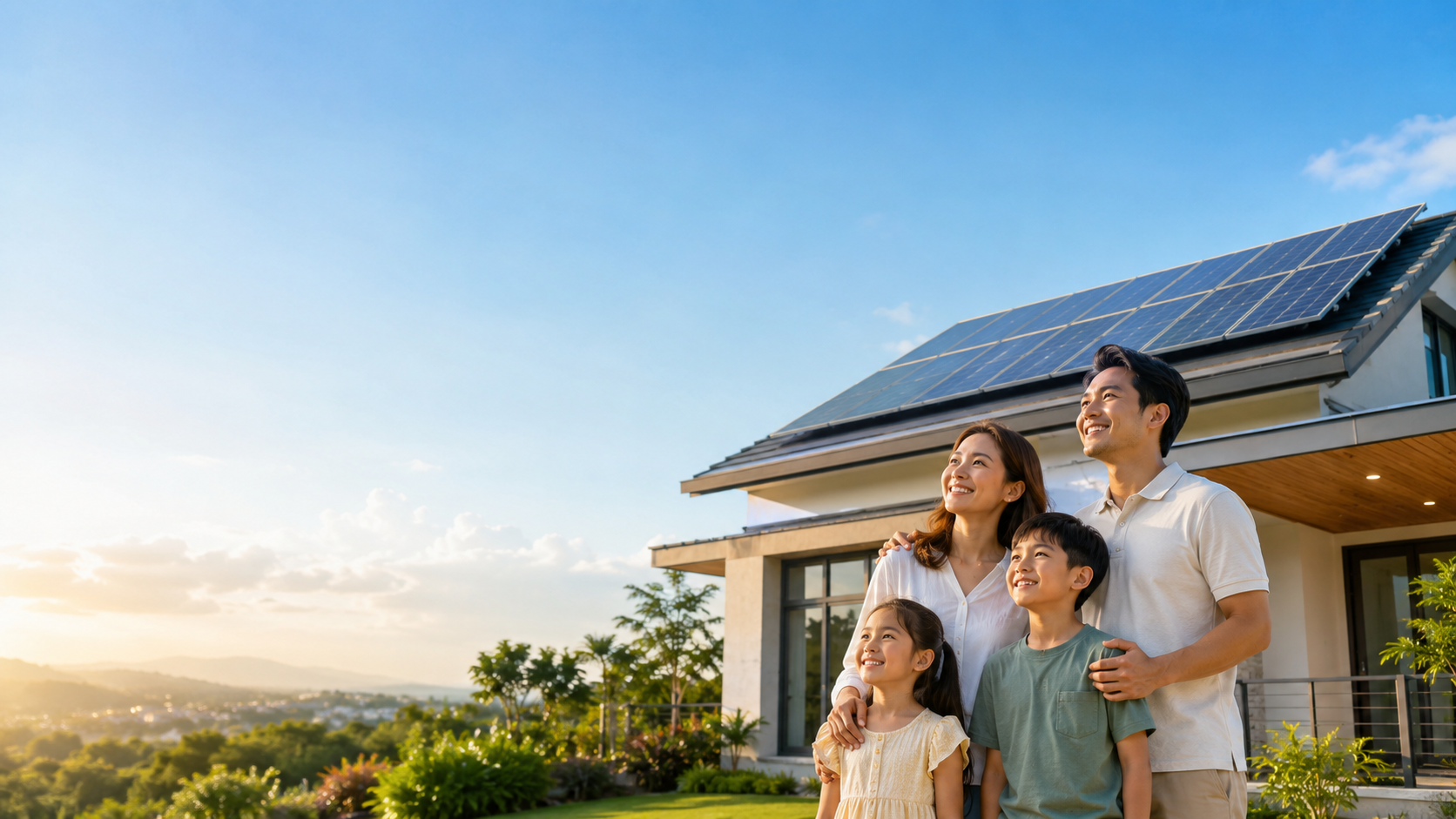 Filipino family outside a home with solar panels