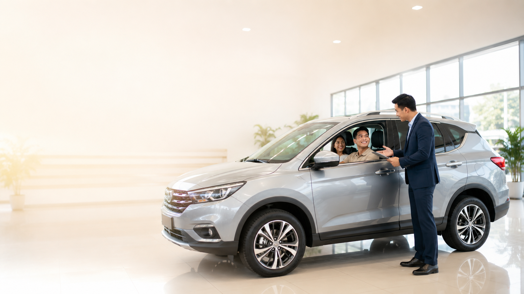 Car loan representative with vehicle financing folder beside a car