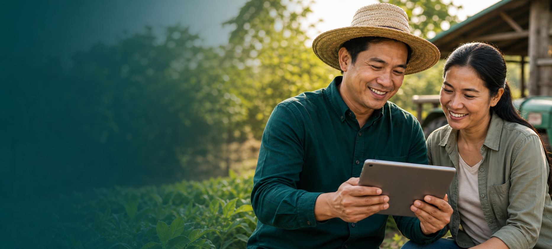 Farmer and client reviewing loan information on a tablet in a rural setting