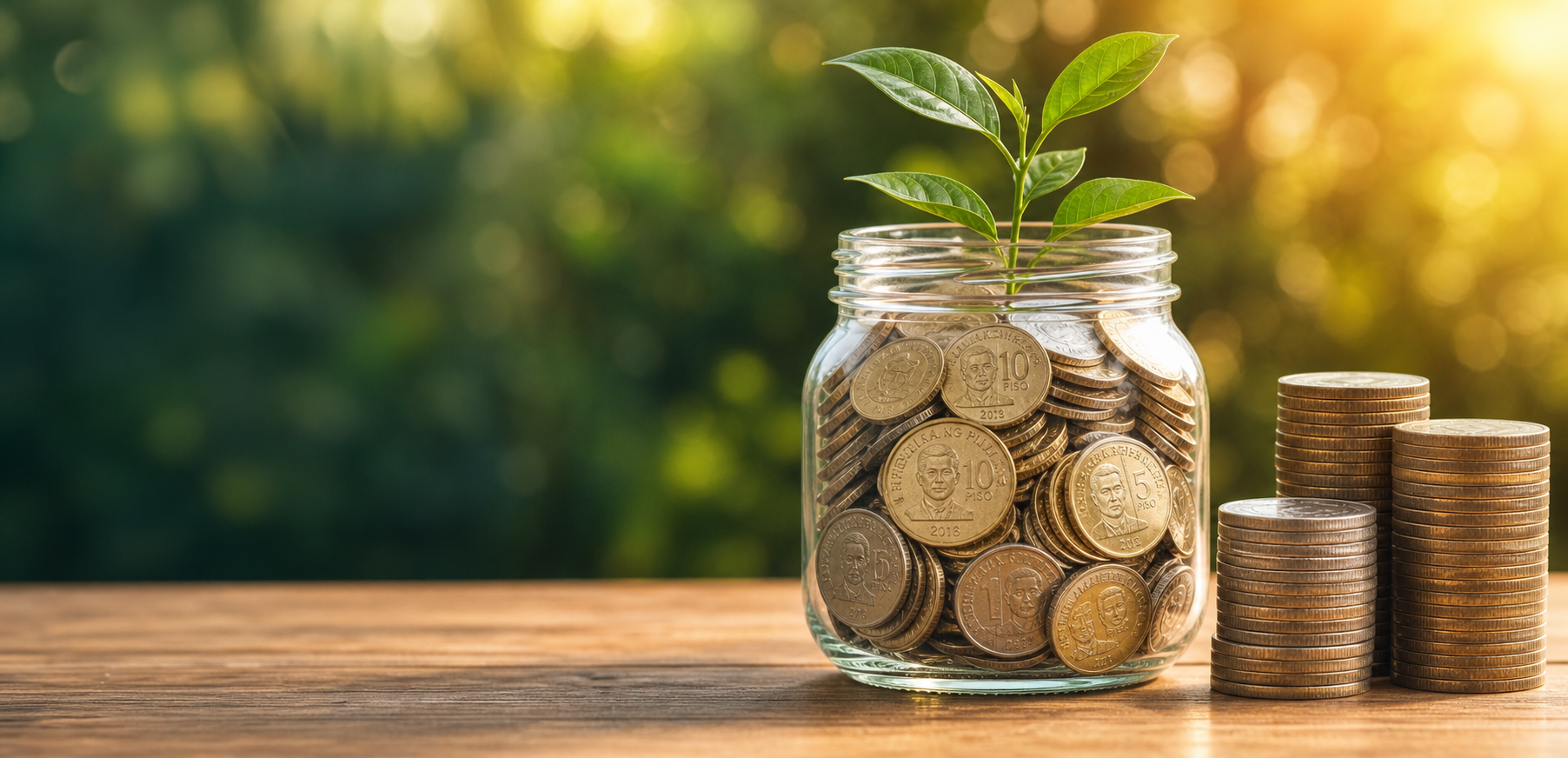 Glass jar filled with coins and a growing plant beside stacked coins